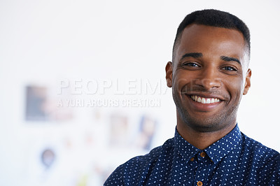Buy stock photo Businessman, portrait and smile confidence in creative studio as a graphic designer for project, proposal or small business. Black man, face and workspace for entrepreneur career, startup or office