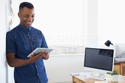Buy stock photo Businessman, tablet and online in office for communication, internet search and networking in workspace. Entrepreneur, african employee and web developer with technology for screen email and smile