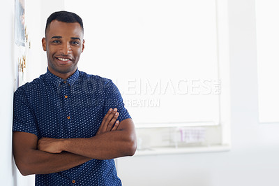 Buy stock photo Arms crossed, smile and portrait of black man in office with confidence for startup, entrepreneur and mindset. Creative person, happy and face with pride for career, job and web design business