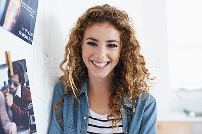 Buy stock photo Confident, happy and portrait of woman photographer in office planning project with magazine board. Smile, career and female person working with photographs for creative startup business in workplace
