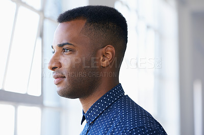 Buy stock photo Businessman, thinking and planning by window with vision for future dream, startup and company. Black male person, ideas and standing at building opening with thoughts for growth, career and work