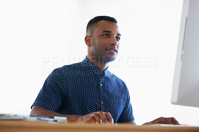 Buy stock photo Computer, reading and man with research in office for creative project on internet by desk. Technology, career and professional male designer working online with desktop for job in modern workplace.