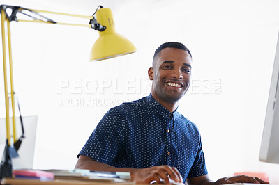 Buy stock photo Creative, coworking space and portrait of black man with smile at desk for networking on project in happy office. Relax, face or professional designer with lamp, research and architecture business.