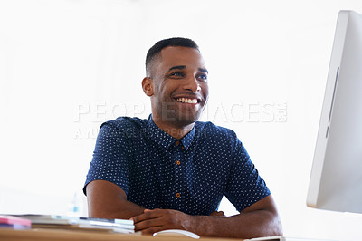 Buy stock photo Computer, smile and man with research in office for creative project on internet by desk. Technology, happy and professional male designer working online with desktop for career in modern workplace.