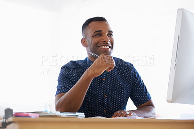 Buy stock photo Business man, computer and desk in office for working or planning at organization or company. African person and intern or trainee with technology and online for job or career in South Africa
