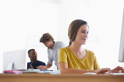 Buy stock photo Woman, computer and desk in office for professional work, creative research or planning. Copywriter, editor or designer with technology and web at workstation for online at company or corporation  