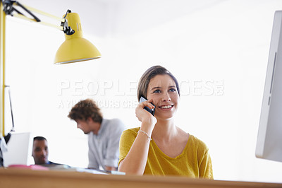 Buy stock photo Businesswoman, thinking and phone call in office by desk, communication and networking with ambition in career. Entrepreneur, smartphone and happy with planning and talking of deal in small business