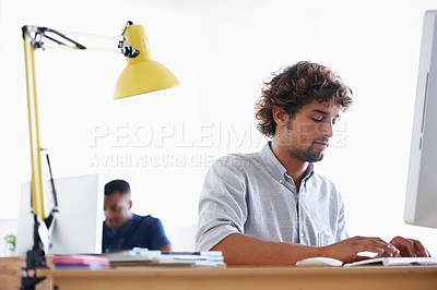 Buy stock photo Computer, typing and business man programming, working or planning project in creative startup. Desktop, serious professional and developer at table for information technology, software and coding