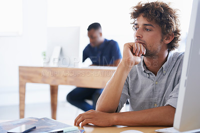 Buy stock photo Thinking, businessman and graphic designer with hand on chin, planning and vision for thought. Contemplate, entrepreneur in office or workplace and ponder, doubt and reflecting for idea at desk