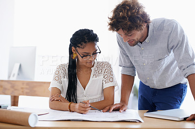 Buy stock photo Blueprint, architect and team in office, training or help with construction project for building in startup. Engineer, collaboration and paperwork for planning, coaching or teaching with diversity
