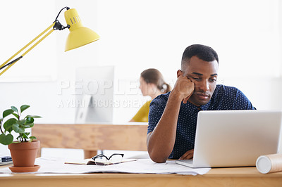 Buy stock photo African architect, depressed and tired from failed project, upset and mockup space. Nigerian male, sad and exhausted with laptop, documents and frustrated by illustrations, designs or drawings