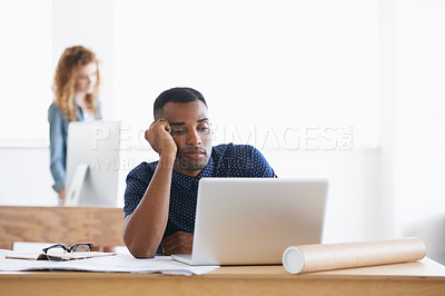 Buy stock photo African, businessman and laptop with office, tired and stress with work. Employee, technology and paperwork with computer, fatigue and startup or small business with plans for entrepreneurship