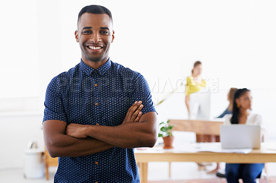Buy stock photo Black man, portrait and smile with confidence in office for working as advertising manager for sales company. Male person, ambitious and happy for creative career, job and activities for agency