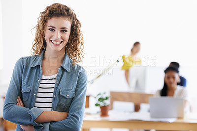 Buy stock photo Happy woman, confidence or portrait of designer in creative studio for project, internship or small business. Smile, arms crossed or proud worker ready for entrepreneurship career, startup or office