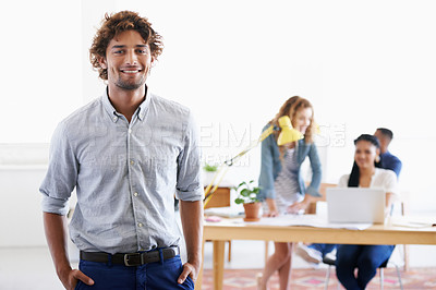 Buy stock photo Man, portrait and confident with happiness in office for working as marketing manager for communications company. Male person, employee and smile for creative career, job and commitment for agency