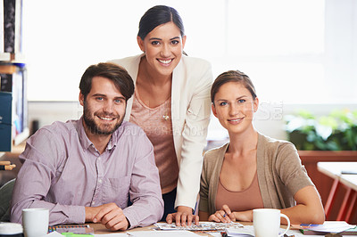 Buy stock photo Portrait, teamwork and creative with designer group in office together for planning or strategy. Smile, meeting or collaboration with man and woman employee team in workplace for design discussion