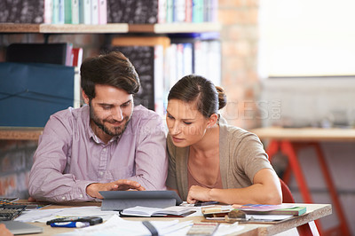 Buy stock photo Tablet, design and creative business team in office together for design planning. Technology, collaboration or teamwork with man and woman designer in workplace for meeting, strategy or discussion