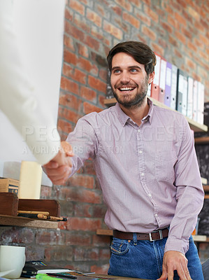 Buy stock photo Man, office and handshake to greet with smile in interview for career, welcome and happy. Male person, satisfied and agreement with deal at work for project, collaboration and meeting for job. 