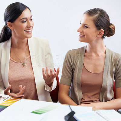 Buy stock photo Team, smile and business women in discussion, planning and brainstorming ideas in startup office. Collaboration, employees and creative people in conversation, cooperation and designers in meeting