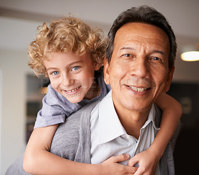 Buy stock photo Portrait, senior citizen and boy with smile, piggyback and bonding together in multiracial family. Happy, retired male person or young kid for sweet, hug and embrace with love, cheer and care at home