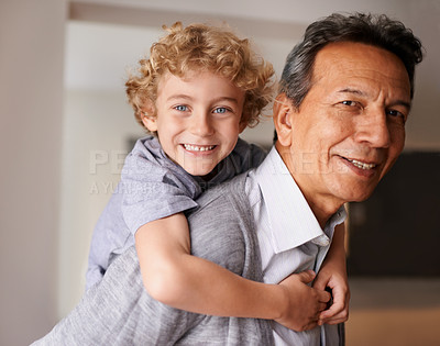 Buy stock photo Portrait, senior man and boy with smile for multiracial family, bonding and together at home. Happy, grandfather and male child with hug, care and love for fun, cheerful and babysitting in retirement