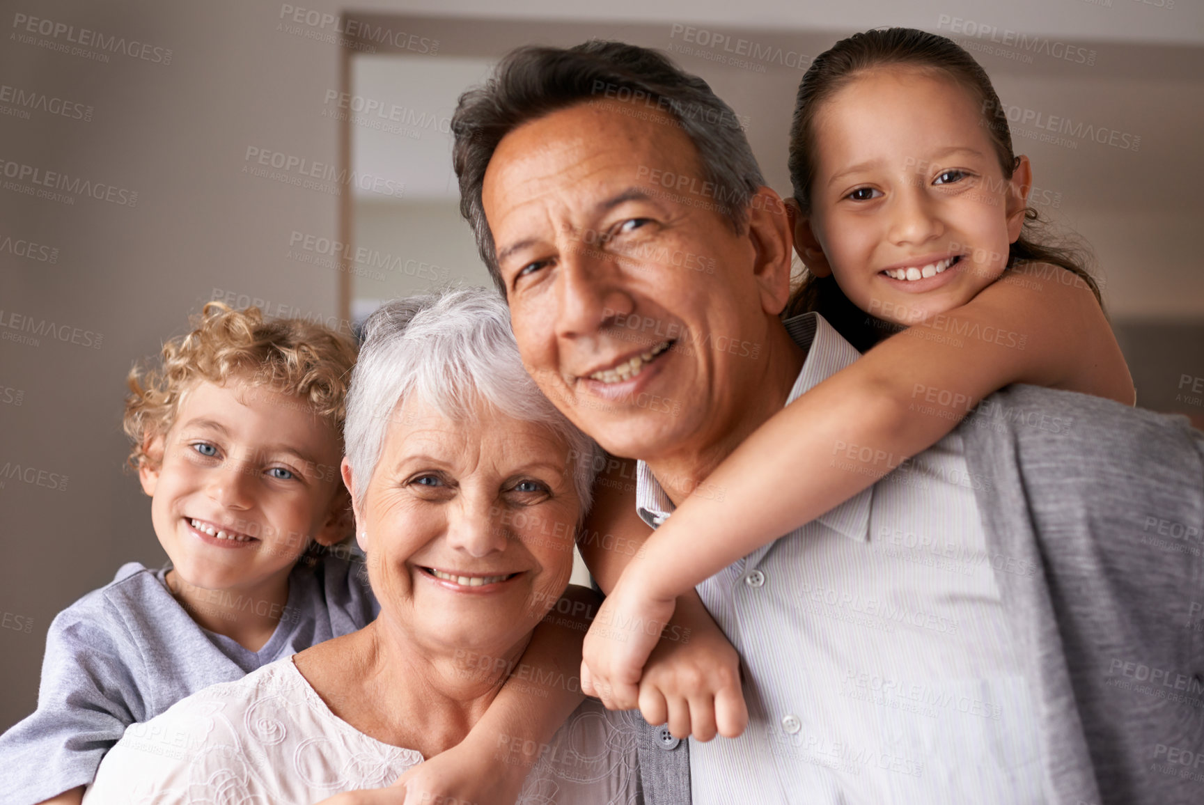 Buy stock photo Portrait, grandparents or grandchildren for piggyback, family or play with multi generation bonding. Older people, boy and girl with smile, hug and love for happy, babysitting and together at home