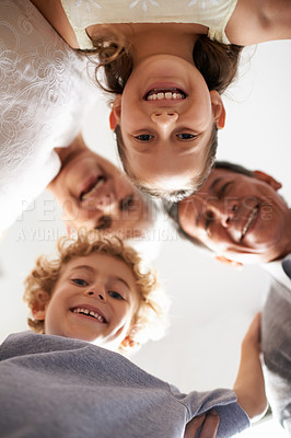Buy stock photo Grandparents, children and portrait smile from below huddle together for bonding connection, vacation or retirement. Elderly couple, kids and face with low angle for holiday care, happiness or love