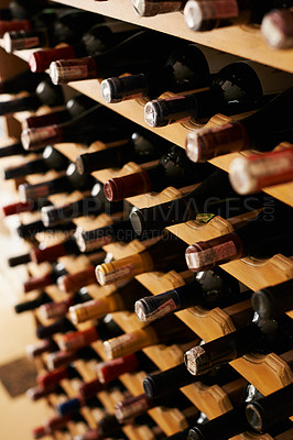 Buy stock photo A collection of wine bottles in a cellar