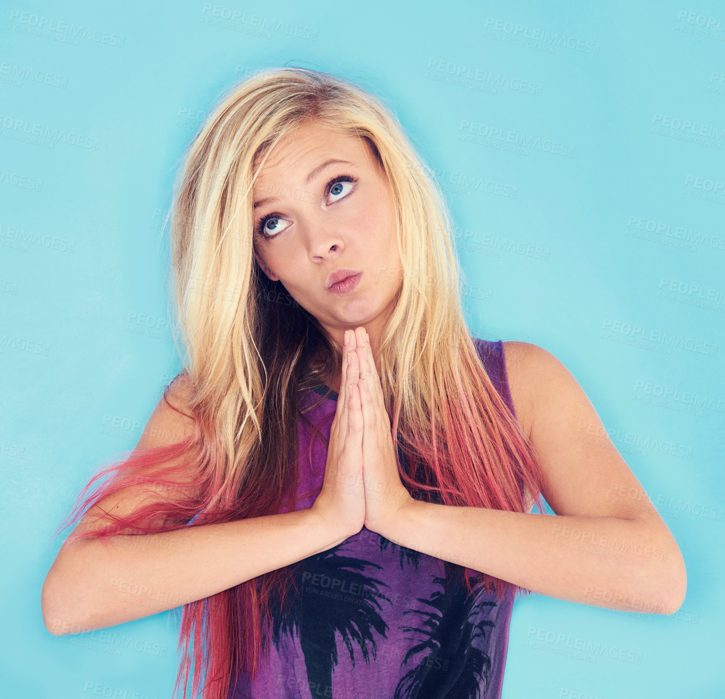 Buy stock photo Woman, prayer hands and punk fashion in studio mock up and wish or asking in gen z aesthetic. California, young model and worship gesture for sorry in trendy clothes and good luck by blue background