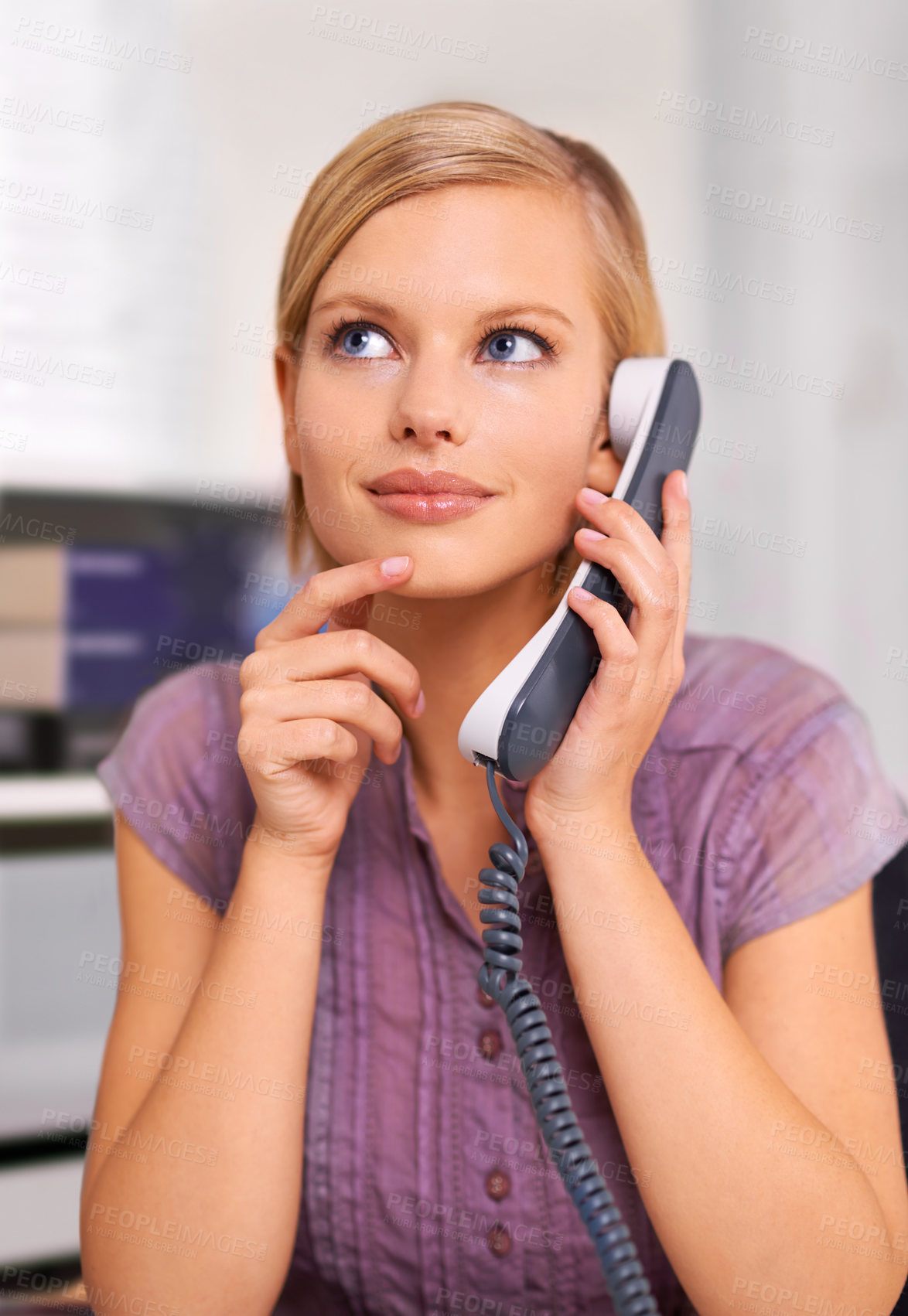Buy stock photo Secretary, woman and landline telephone in office to listen, deal or contact with thinking for question. Receptionist, person and employee with smile for phone call with news, network or chat at job