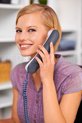 Buy stock photo Secretary, woman and smile with landline telephone for listening, deal or contact with portrait in office. Receptionist, person and happy employee with phone call for news, story or info at workplace