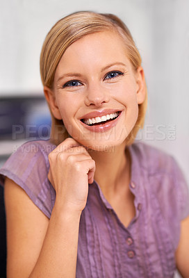 Buy stock photo Woman, smile and portrait for pride in office for administration job at startup agency with confidence. Person, employee or staff with excited face, happy or clothes for professional career in Sweden