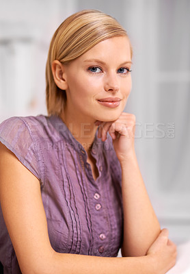 Buy stock photo Woman, happy and portrait with pride in office for administration job at startup agency at desk. Person, employee and confident with trendy fashion, smile or clothes for professional career in Sweden
