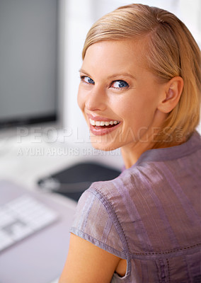 Buy stock photo Woman, happy and portrait with pride in office for administration job at startup agency with computer. Person, employee or staff with excited face, smile or clothes for professional career in Sweden