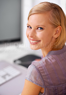 Buy stock photo Portrait, businesswoman and smile with computer at office, workspace and desk for business, career and employment. Female person, entrepreneur and broker in banking, financial and economical