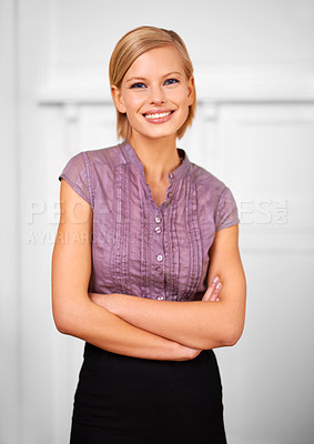 Buy stock photo Crossed arms, happy and portrait of business woman by wall with confidence for career. Professional, smile and young female person from Canada with positive and good attitude with elegant style.