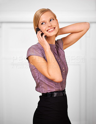 Buy stock photo Woman, cellphone call and smile with thinking in office for contact, communication or deal at startup agency. Person, employee and mobile phone for conversation, negotiation or listening in workplace