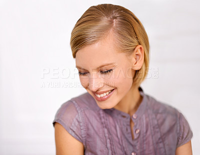 Buy stock photo Business woman, thinking and smile in office by wall background for ideas, memory or solution at job. Person, employee and happy in workplace with problem solving at startup agency with trendy style