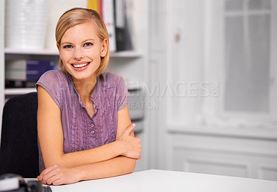 Buy stock photo Pride, happy and portrait of woman in office typing for online email for corporate appointment. Smile, secretary and confident young female receptionist sitting by desk for career in modern workplace