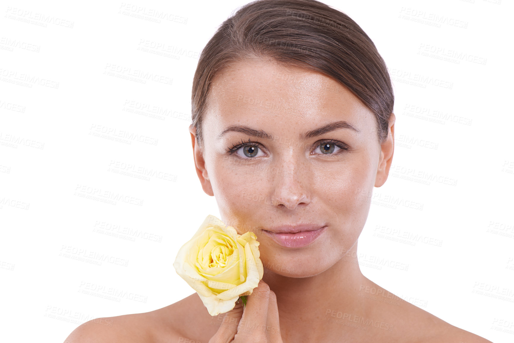 Buy stock photo Skincare, portrait and woman with rose in studio for eco dermatology, natural beauty or floral aesthetics on white background. Face, model and flowers of organic wellness, sustainability or cosmetics