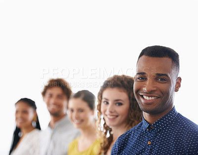 Buy stock photo Cropped shot of a group of smiling work colleagues