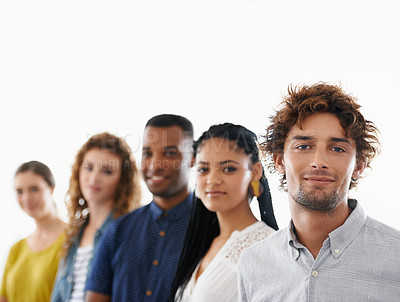 Buy stock photo Happy, pride and team of business people in studio with collaboration, unity or diversity. Confident, smile and portrait of group of creative designers isolated by white background with mockup space.