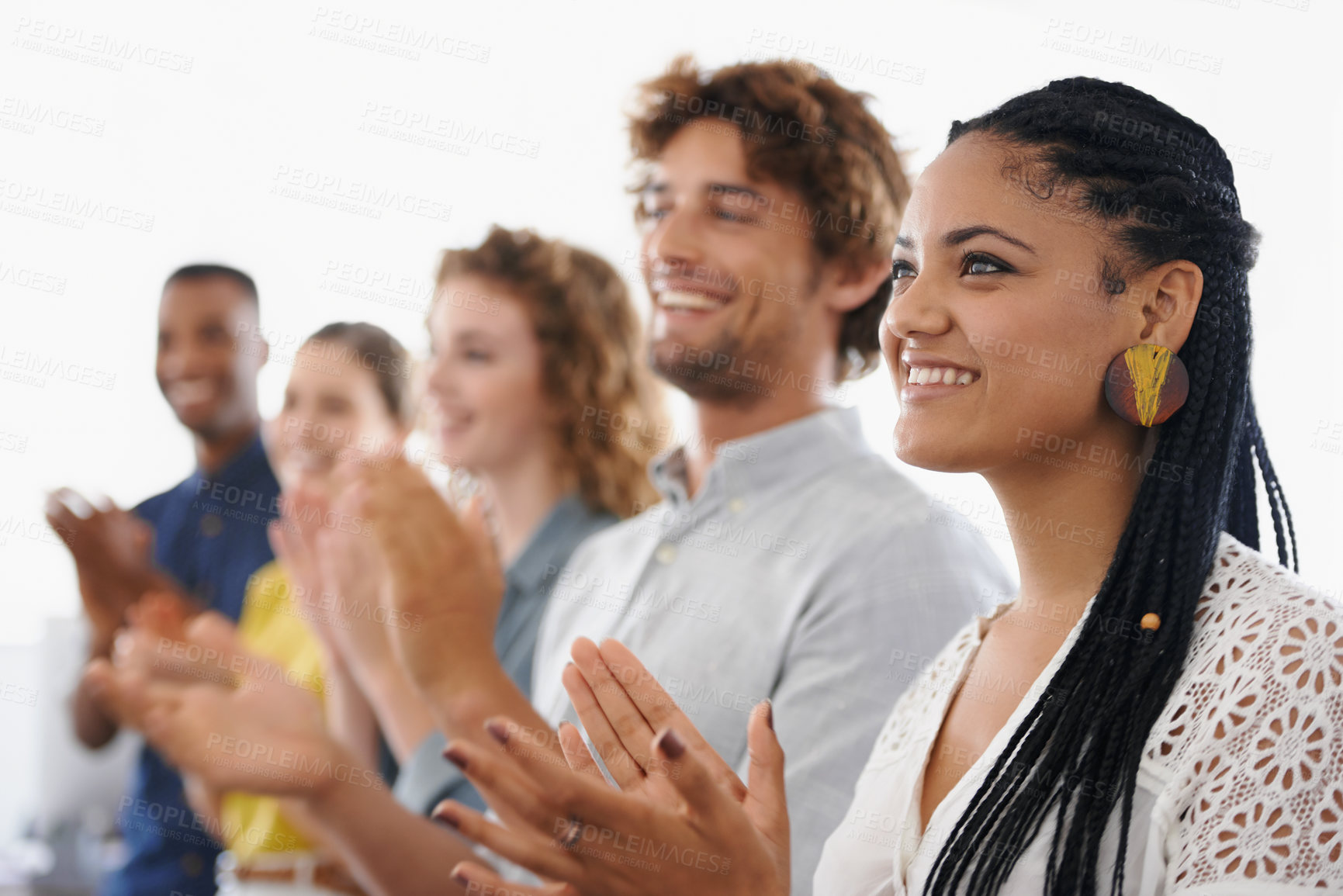 Buy stock photo Excited, business people and applause with row in meeting for presentation, conference or team workshop. Group of employees clapping with smile for celebration, staff training or success at workplace