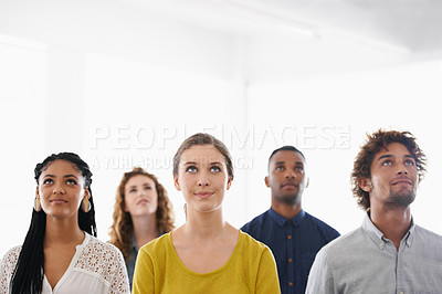 Buy stock photo Business people, thinking and happy with teamwork in office for recruitment, onboarding and hiring process with mockup. Collaboration, professional workers and face with diversity on white background