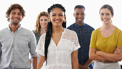 Buy stock photo Business people, portrait and smile with teamwork in studio for recruitment, onboarding and hiring process with pride. Collaboration, professional workers and face with diversity on white background