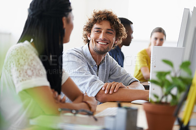 Buy stock photo Happy man, break or people in office talking, chatting or speaking of gossip or business news together. Bond, smile or relaxed employees in conversation or discussion about on blog or article at desk