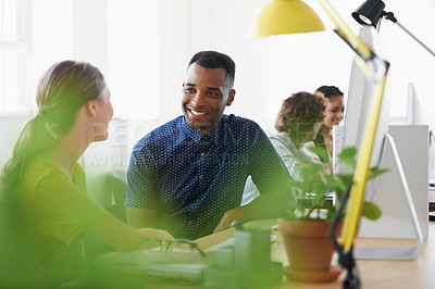 Buy stock photo Black man, break or happy people in office talking or speaking of a crazy story, gossip or news together. Funny joke, chat or employees laughing in conversation or discussion about blog at desk 