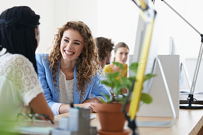 Buy stock photo Funny, happy woman or business women on break talking, chatting or speaking of gossip news together. Bonding, friends  laughing or relaxed employees in conversation or discussion about people at desk