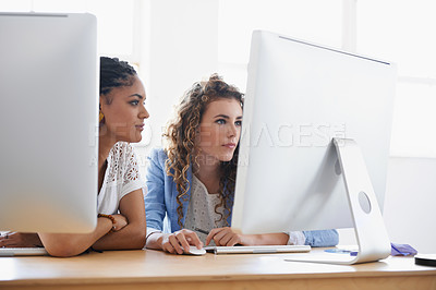 Buy stock photo Happy business women, working or computer at desk in office or teamwork diversity for writing ebook. Journalist, review or collaboration by desktop on project or online research for magazine editing