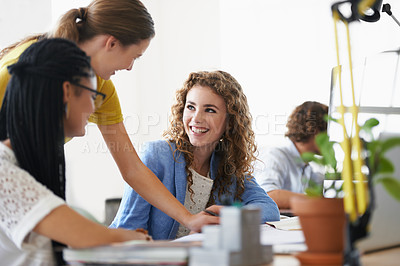 Buy stock photo Women, engineering or happy mentor planning planning a project talking or laughing with leadership in meeting. Coaching, funny or team of employees for a floor plan strategy or ideas in architecture